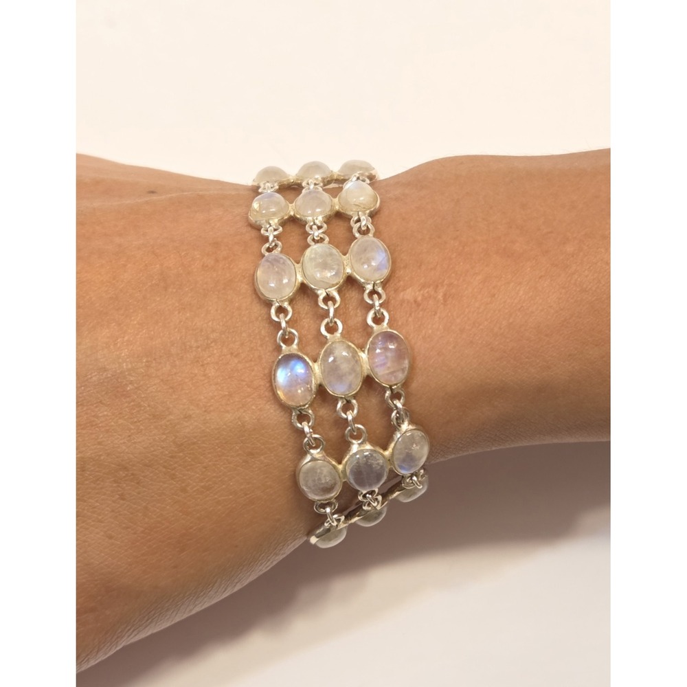 Vintage Sterling Silver & Moonstone Triple Row Bracelet 7.25" Hook Clasp